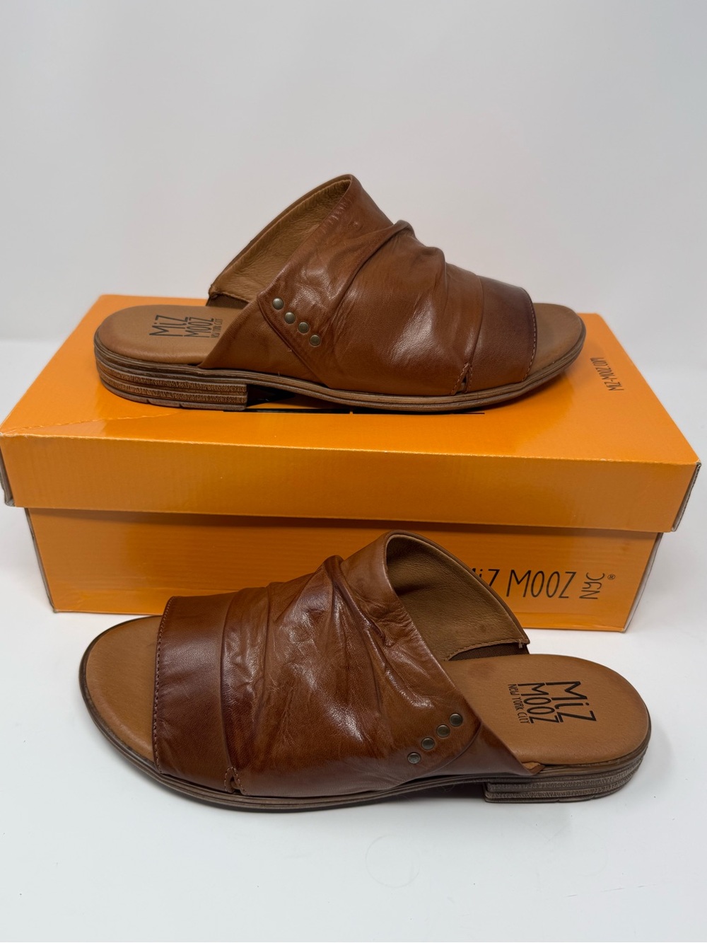 Miz Mooz Dandelion Leather Wide Width Slide Sandals In Brandy Women’s 39 New